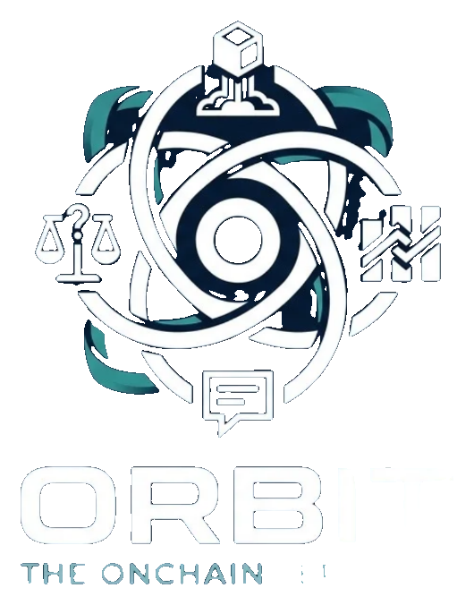 The ORBIT emblem: interlocking orbital rings with a launch cube, market scales, stock chart and announcement bubble
